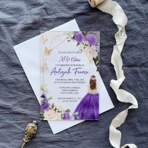 Paarse acryl Quinceanera uitnodiging, 15e verjaardagsuitnodiging, Sweet 16 acryl uitnodigen | Harde acryluitnodiging{Gratis voorbeeld beschikbaar}