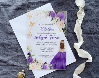 Purple Acrylic Quinceanera Invitation, 15th Birthday Invitation, Sweet 16 Acrylic Invite | Hard Acrylic Invite{Free Preview Available}