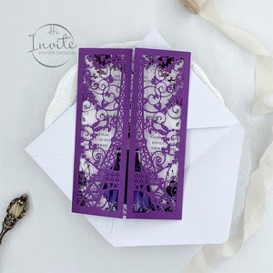Tarjeta plegable de la puerta de la invitación de la boda romántica de la Torre Eiffel púrpura Bolsillo láser de quinceañera del dulce dieciséis con inserto impreso y sobre