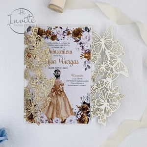 Rose Gold Glitter Laser Cut Pocket Butterfly Quinceañera Einladung, Gold Invite For Mis XV Anos & Sweet 15