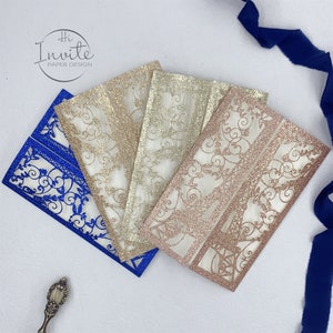 Hermosa glitter Champagne Gold / Royal Blue Laser Cut Gate Folded Card, DIY Laser Pocket for Mis Quince Anos, Romantic Paris Theme Card
