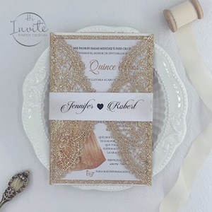 Prachtige Rose Gold Glitter Laser Cut Chantilly Uitnodiging, Mooie Gouden Uitnodiging voor Quinceañera & Sweet 16 {Gratis Preview Beschikbaar}