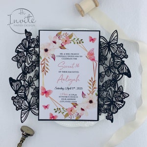 Herzlich Lser HochzeitSeinladung – Schwarze Schimmer Laser cut Tasche mit klassischer Einladung und Umschlag {Kostenlose Vorschau verfügbar}