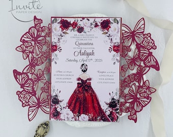 May include: A quinceañera invitation featuring a burgundy dress illustration, floral accents, and butterfly cutouts. The invitation includes event details and the name "Aaliyah". The design incorporates the text "Hi Invite Paper Design".
