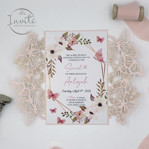 Customize Blush Butterfly Laser Cut Invitation For Quinceañera And Sweet 16, Romantic Light Pink Invitation  {Free Preview Available}