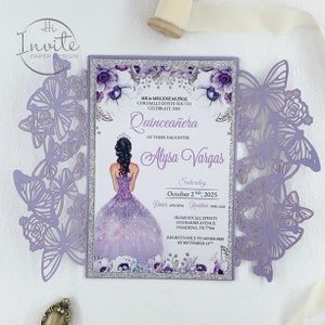 Gorgeous Pearl  Lavender And Silver Laser Cut Butterfly Quinceañera And Sweet 16 Invitation With Belly Band {Free Preview Available}