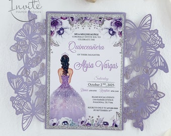 Laser Cut Butterfly Quinceañera Invitation: Pearl, Lavender & Silver