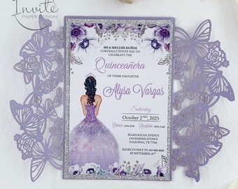 Gorgeous Pearl  Lavender And Silver Laser Cut Butterfly Quinceañera And Sweet 16 Invitation With Belly Band {Free Preview Available}