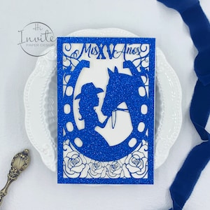 Glitter Royal Blue Princess Disney Invite Hollow Girl Horse Rose Laser Card Customized Mis XV Años Invitation {Vista previa gratuita disponible}