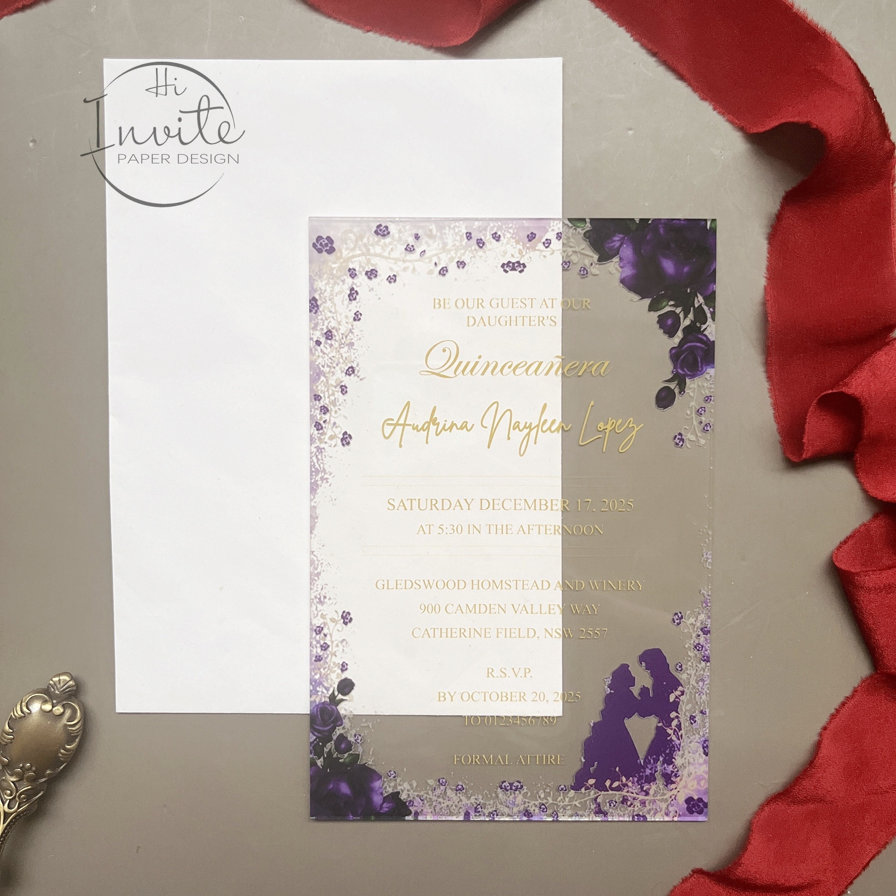 Purple Beauty And The Beast Quinceaera Transparent Acrylic Invitation Custom Floral Acrylic Invite With Envelope Free Preview