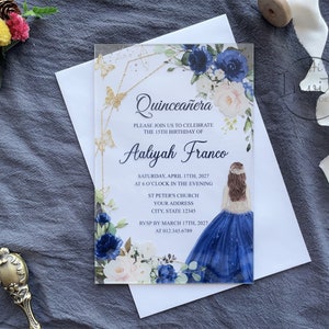 Navy Blue Floral Quinceanera Invitation, Customized Acrylic Invites for XV Anos/Sweet 15 Birthday, Princess Invite {Free Preview Available}