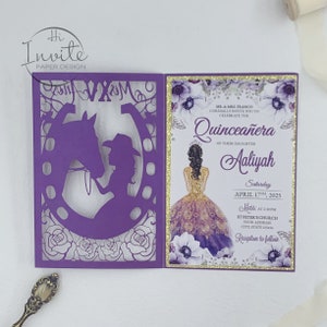 Romantic Purple Hollow Girl Horse Rose Laser Card Mis XV Años Invitation Quinceañera Invites Sweet 16 Invitation {Vista previa gratuita disponible}