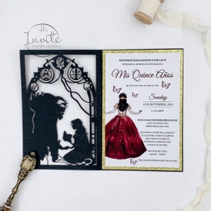 Aangepaste Black And Red Beauty And The Beast Laser Pockets Mis XV Años Uitnodiging Quinceañera Uitnodiging {Gratis Preview Beschikbaar}
