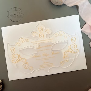 Spezielle Acryl-Einladung für Maskerade-Party, Gold-Maskerade lädt ein, Maske druckbare Einladung mit Umschlag {Kostenlose Vorschau verfügbar}