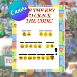 Könnte beinhalten: Ein farbenfrohes Poster mit dem Text "BE THE KEY TO CRACK THE CODE!" zeigt Lego-Gesichter. Das Poster hat einen Rand aus bunten Lego-Steinen. Das Canva-Logo befindet sich in der oberen linken Ecke.