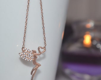 Sterling Silver Angel Wing Charm Necklace, Rose Plated, Gift for Her