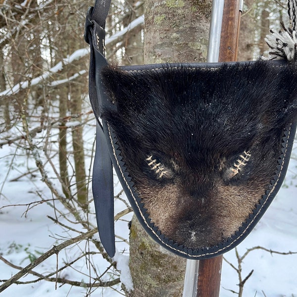 Open top hunting pouch with black bear pelt, shooting bag, possible bag, handstitched with linen thread.