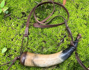 Leather powderhorn strap, handstitched with linen