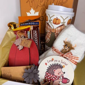 May include: A gift box containing a white travel mug with a pumpkin pattern, a pair of white fuzzy socks with a highland cow embroidery, a red pumpkin-shaped item with an I Love Fall tag, a gold spoon, snacks, and a round coaster with a hedgehog.