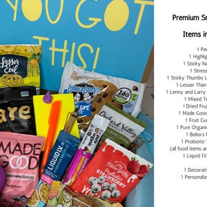 Healthy option to encourage your student to study for finals week and finish college strong. Lots of great study tools, highlighter, pen, sticky notes, stress ball and great snacks for the long study days.