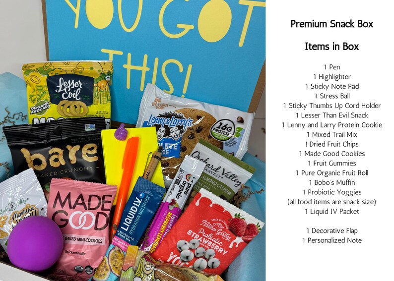 Healthy option to encourage your student to study for finals week and finish college strong. Lots of great study tools, highlighter, pen, sticky notes, stress ball and great snacks for the long study days.