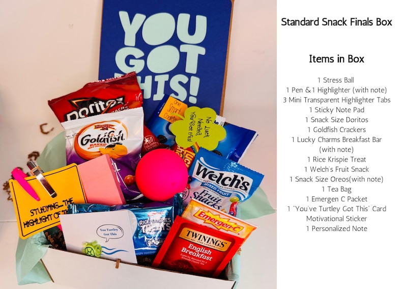 May include: A gift box filled with snacks and study supplies. Includes Doritos, Goldfish crackers, Welch's fruit snacks, a stress ball, highlighters, and a card that says "You Got This!" and "Studying - The Highlight of the Day".