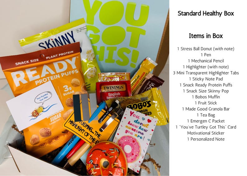 Healthy snack study care package for finals and exam week.