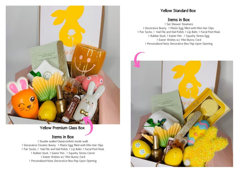 Pu&ograve; includere: Confezioni regalo a tema pasquale piene di vari oggetti, tra cui un coniglietto in ceramica, smalto per unghie, balsamo per le labbra e una paperella di gomma. Le scatole presentano una grafica di coniglietto giallo e sono presentate con una variet&agrave; di oggetti colorati.