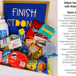 Finals week survival package- perfect to encourage your student. Snacks to fuel them during exam week and late nights. Fun inspirational notes on some of the snacks, study tools- pens highlighters, sticky notes and stress ball. Coffee cup and water bottle to hold their favorite beverage. Some snacks include- Doritos, Pringles, goldfish, protein bar, breakfast cookies and there is a healthier snack box option as well with fruit chips, and protein filled snacks. You Got This!