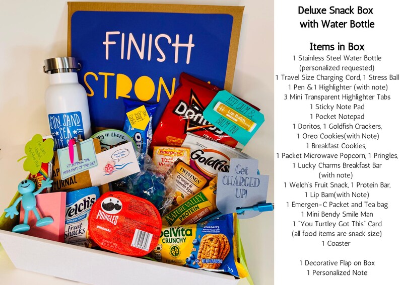 Finals week survival package- perfect to encourage your student. Snacks to fuel them during exam week and late nights. Fun inspirational notes on some of the snacks, study tools- pens highlighters, sticky notes and stress ball. Coffee cup and water bottle to hold their favorite beverage. Some snacks include- Doritos, Pringles, goldfish, protein bar, breakfast cookies and there is a healthier snack box option as well with fruit chips, and protein filled snacks. You Got This!