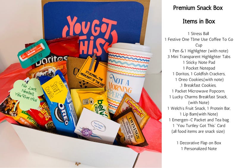 May include: A gift box filled with snacks, a coffee cup, and stationery. The box includes chips, cookies, crackers, and a stress ball. The blue background has the words "You Got This" in pink.