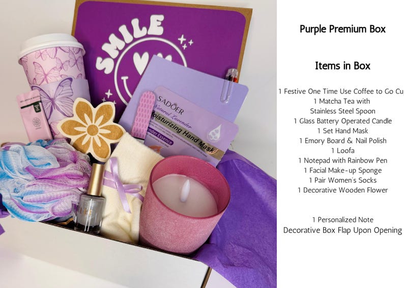 May include: A purple gift box filled with self-care items. Includes a coffee cup with butterfly design, candle, hand mask, nail polish, and a wooden flower. The box has the word "SMILE" on a purple background.