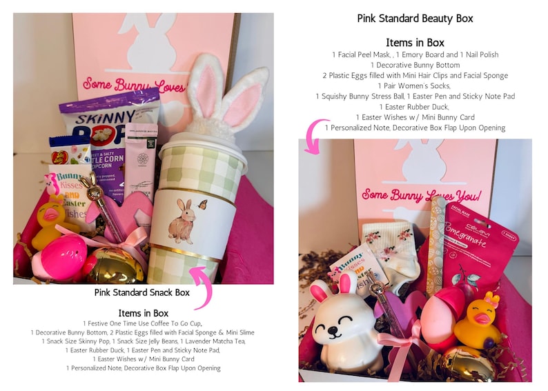 Pu&ograve; includere: Scatole regalo rosa a tema pasquale, con la scritta "Some Bunny Loves You!". Le scatole contengono vari oggetti, tra cui una tazza da caff&egrave; con orecchie da coniglio, una paperella di gomma e uova decorative.