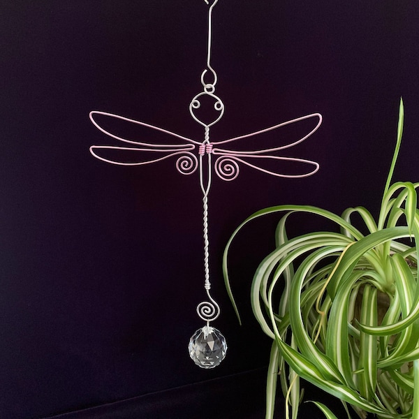 Hand bent & hand wrapped minimalist wire jewelry art dragonfly crystal orb prism rainbow maker suncatcher charm pendant use home and office!