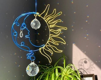 Hand bent & wrapped wire art Sol and Luna Total Solar Eclipse prism rainbow maker suncatcher pendant minimalist home and office window decor