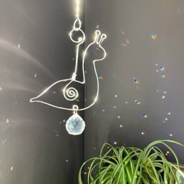 Hand bent & hand wrapped minimalist wire jewelry art cute snail crystal orb prism rainbow maker suncatcher charm pendant for home or office!