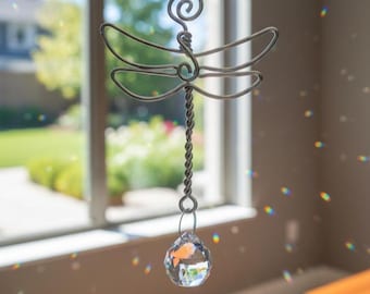 Dragonfly Crystal Prism Suncatcher: Hand Wrapped Wire Rainbow Maker