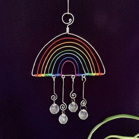 Illuminate Your Space: Handcrafted Rainbow Chandelier Wire Art Sun Catcher with Prisms for Enchanting Rainbow Effects! Uplift with Rainbows.
