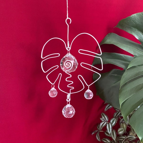 Hand bent & hand wrapped minimalist wire jewelry art monstera split leaf philodendron crystal orb prism rainbow maker sun catcher chandelier