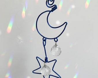 Handmade wire mini moon & star car charm suncatcher 20MM crystal prisms hanging rainbow maker for rear-view mirror or minimalist home decor