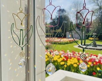 Handmade Wire Tulip Suncatcher: Crystal Prism Rainbow Maker