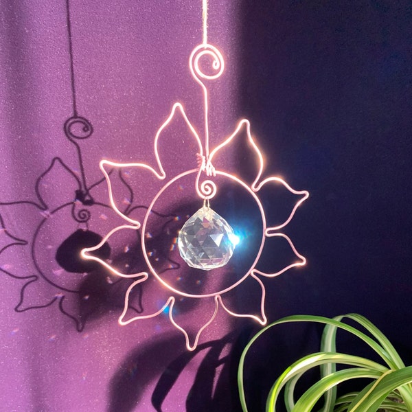 Hand bent & hand wrapped minimalist wire jewelry art sunflower crystal orb prism rainbow maker suncatcher charm pendant for home and office