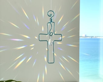 Wire Cross Suncatcher for Window Decor | Christian Gift | Prism Rainbow Maker Gift