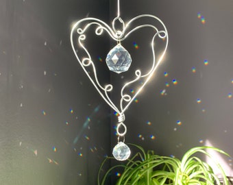Heart Suncatcher: Rainbow Prism Crystal with Handmade Wire Hook - Design #1