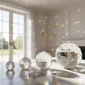 May include: Four clear crystal prism balls of varying sizes sit on a marble surface. The largest ball is faceted, reflecting light. The smallest ball has a metal loop. The room is bright with natural light and rainbow reflections.