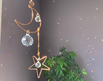 Suncatcher chandelier 40MM & 20MM crystal prism on hanging handmade crescent moon and star copper jewelry wire hook home office window decor