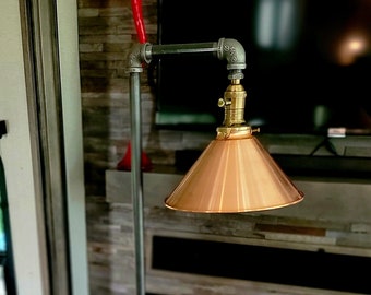 Silver & Copper Industrial Floor Lamp With Side Table