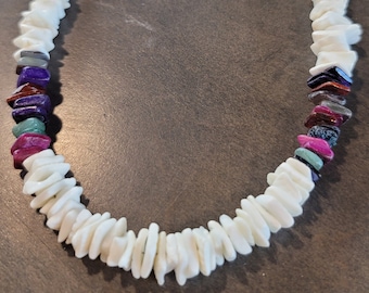 Natural White Puka Chip Necklace With Rainbow Shell Hawaiian Beach Necklace