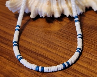 Hawaiian White Clamshell and Blue Tropical Necklace