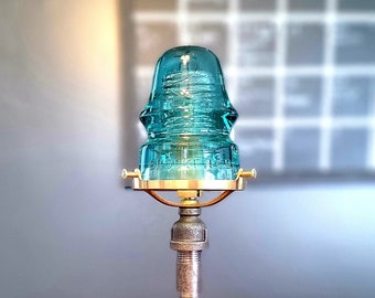 Glass Insulator Industrial Steel Pipe Gear Desk Lamp With a Brass Twist - Farmhouse Lighting